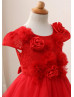 Cap Sleeves Red Lace Tulle 3D Flowers Flower Girl Dress Cap Sleeves Red Lace Tulle 3D Flowers Flower Girl Dress
